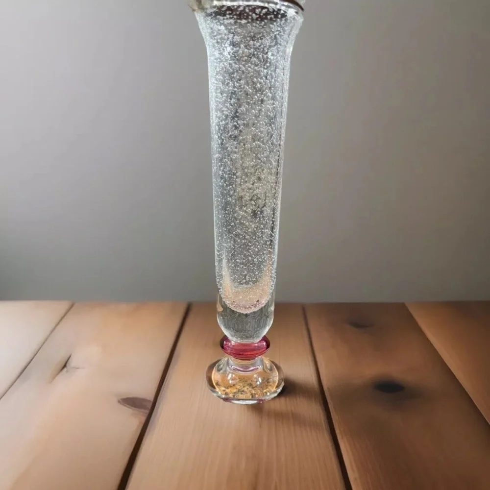 CRYSTAL Vase 9” Clear /Cranberry Home Blown Bubbled Flute Glass GORGEOUS RARE
